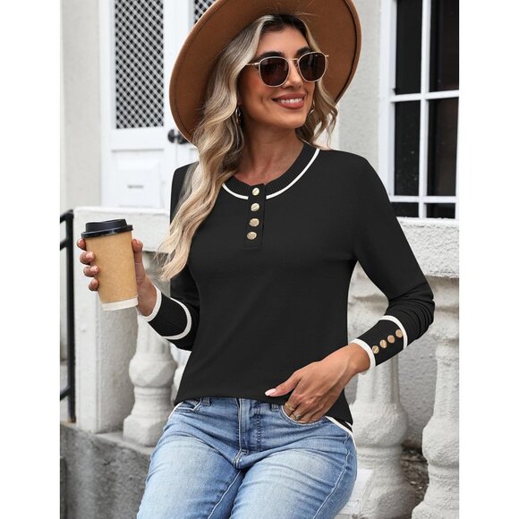 Women's Knit Sweater Long Sleeve Crew Neck Button Closure Casual Tops - Picture 5 of 5